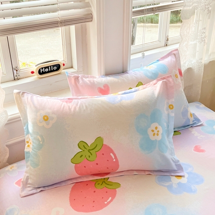 世爵2025春夏新款全棉纯棉印花小清新单品系列单枕套 枕套单件 清甜草莓-粉