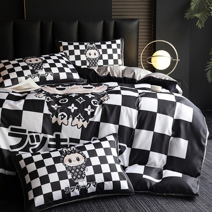 91家纺网 家纺一手货源 找家纺 2025新款水洗真丝数码印花四件套 棋盘兔