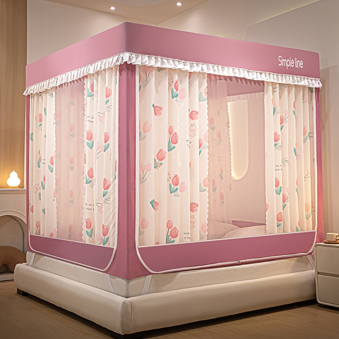 91家纺网 家纺一手货源 找家纺 锦逸家居 2025新款坐床式防摔遮光蚊帐 郁金花开-不遮光