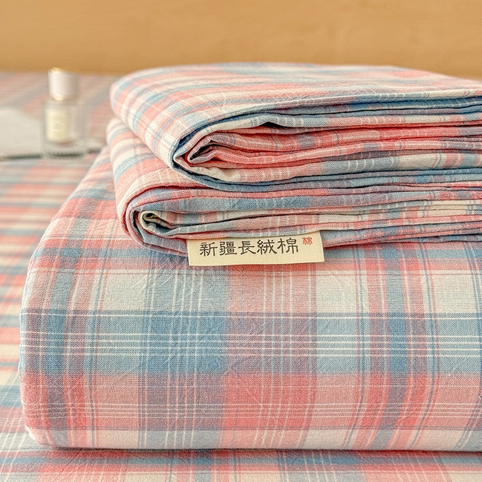 91家纺网 家纺一手货源 找家纺 晓时候 2025新款100%全棉色织水洗棉床单全棉床单纯棉床单 云舒粉