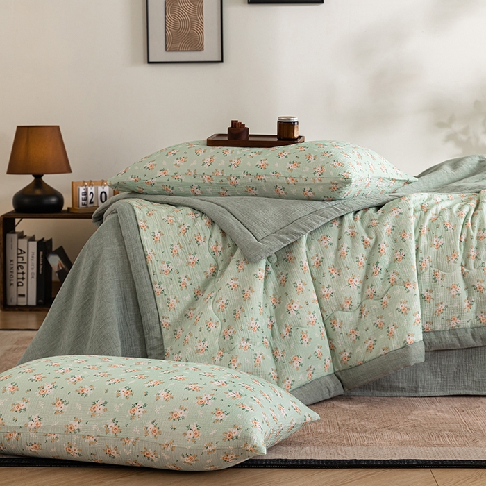 91家纺网 家纺一手货源 找家纺 吾诺 2025新建全棉印花泡泡双层纱大豆夏被子被芯全棉夏被四件套夏凉被空调被 春意