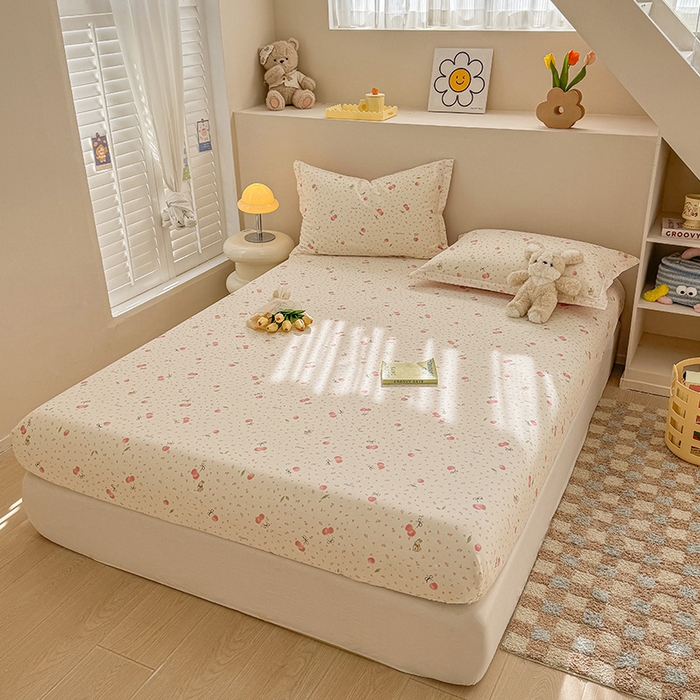 91家纺网 家纺一手货源 找家纺 2025新款12868全棉套件单品系列二单床笠 樱桃甜宠