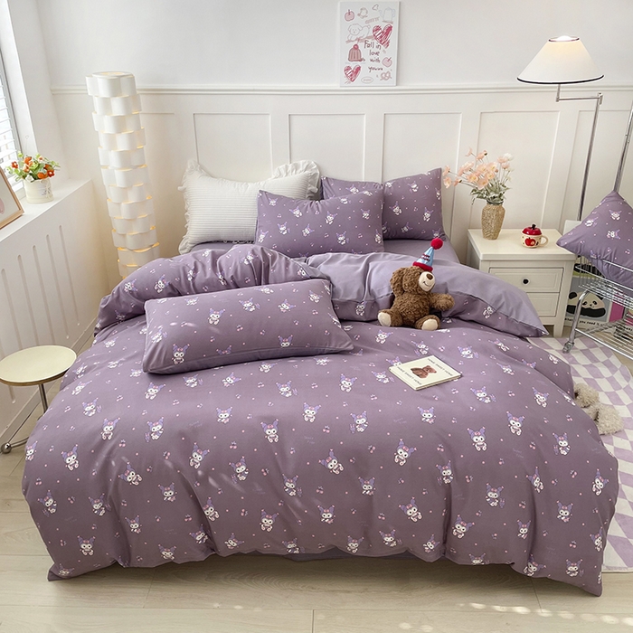 91家纺网 家纺一手货源 找家纺 汣沐生活 2025新款针织棉印花款四件套 库洛米-紫