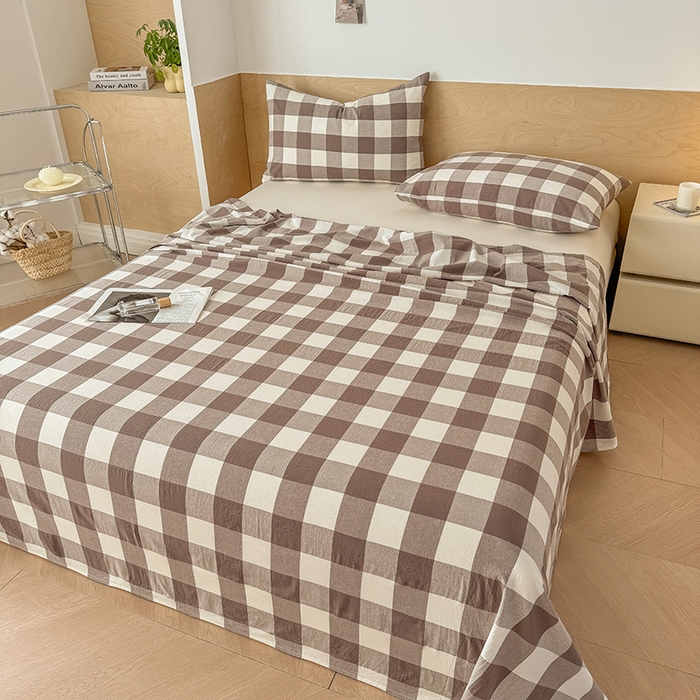 91家纺网 家纺一手货源 找家纺 晓时候 2025新款100%全棉色织水洗棉床单全棉床单纯棉床单 灰中格