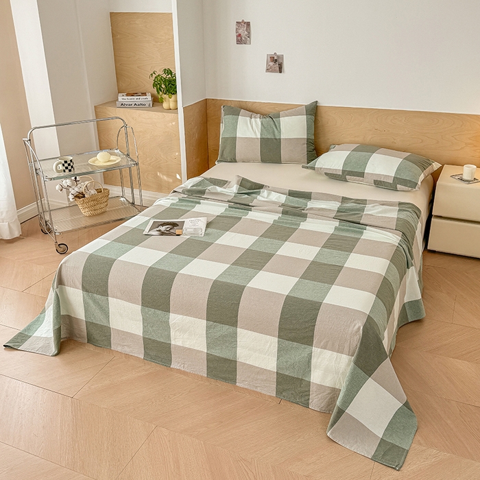 91家纺网 家纺一手货源 找家纺 晓时候 2025新款100%全棉色织水洗棉床单全棉床单纯棉床单 绿中格