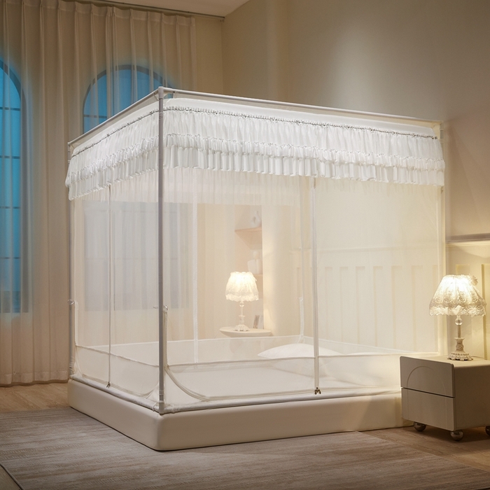 91家纺网 家纺一手货源 找家纺 梦尔佳蚊帐 2025新款双层花边床笠式三开门蚊帐-858怜香惜玉系列 富贵白