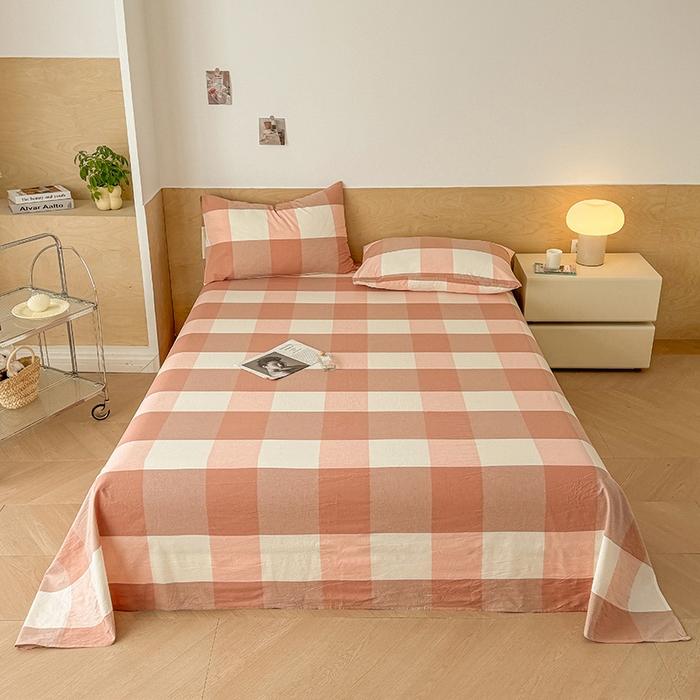 91家纺网 家纺一手货源 找家纺 晓时候 2025新款100%全棉色织水洗棉床单全棉床单纯棉床单 粉大格