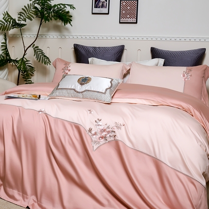 U品汇 2025新品120支60s双股贡缎长绒棉重工刺绣花纯棉全棉四件套 海棠湾-豆沙