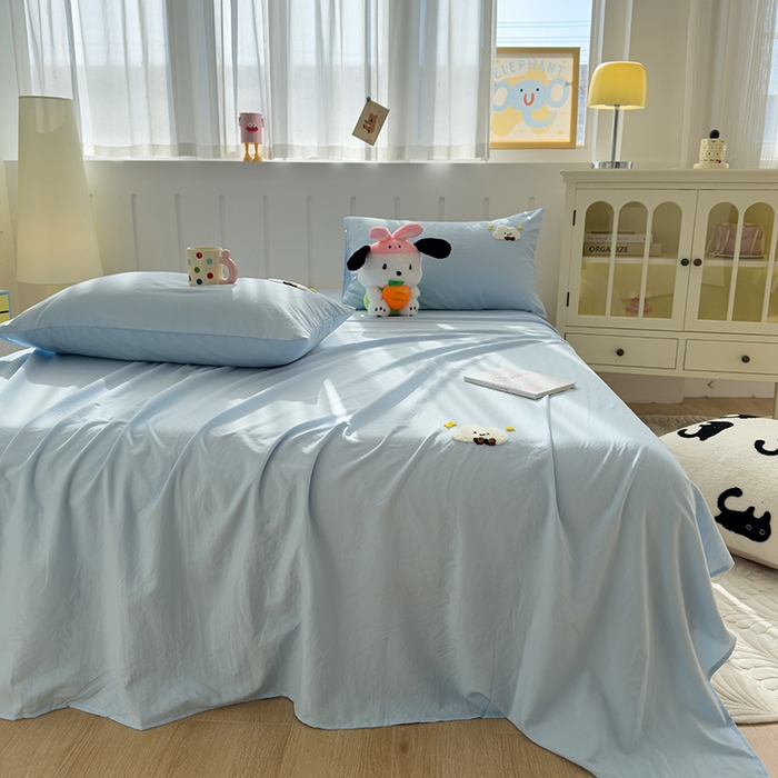 91家纺网 家纺一手货源 找家纺 曼谷家纺 2025新款软糯毛巾绣水洗棉床单床笠枕套纯色床单床笠枕套单品 小白云-天蓝