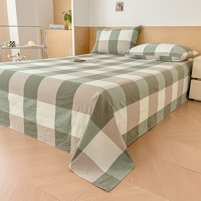 91家纺网 家纺一手货源 找家纺 晓时候 2025新款100%全棉色织水洗棉床单全棉床单纯棉床单 绿中格