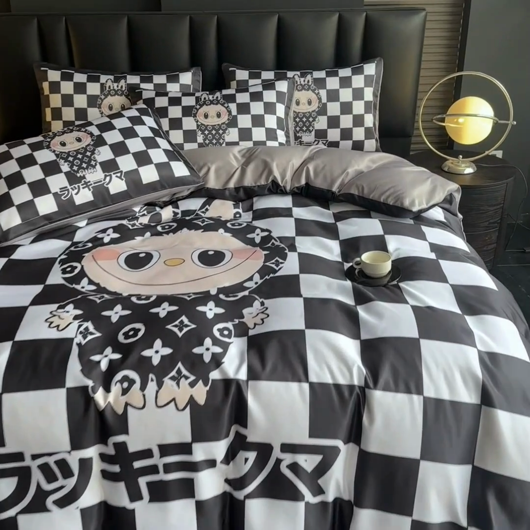 91家纺网 家纺一手货源 找家纺 2025新款水洗真丝数码印花四件套 棋盘兔