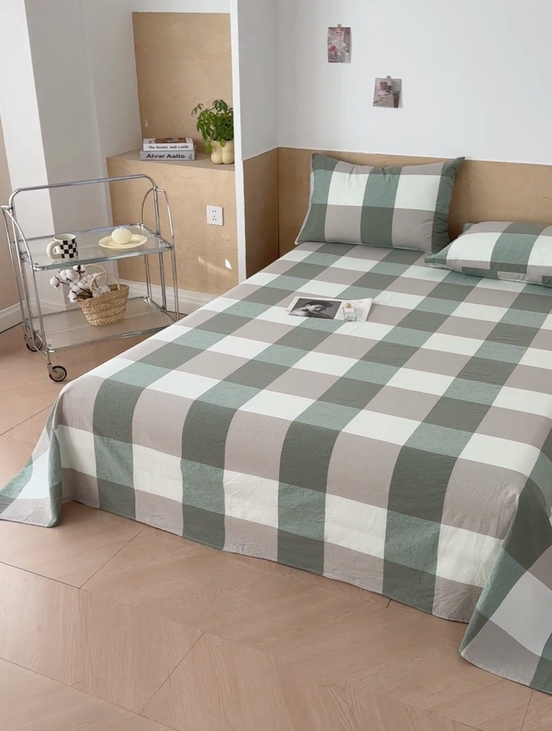 91家纺网 家纺一手货源 找家纺 晓时候 2025新款100%全棉色织水洗棉床单全棉床单纯棉床单 绿中格