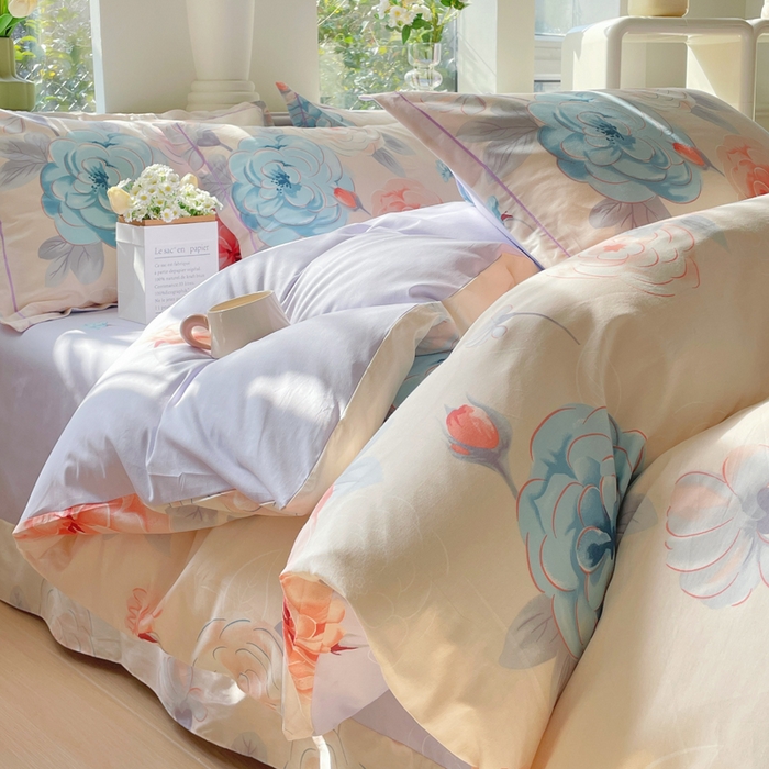 91家纺网 家纺一手货源 找家纺 铭博家纺 新款直播爆款网红全棉四件套13070印花吊边一字绣纯棉被套工艺款 沐颜