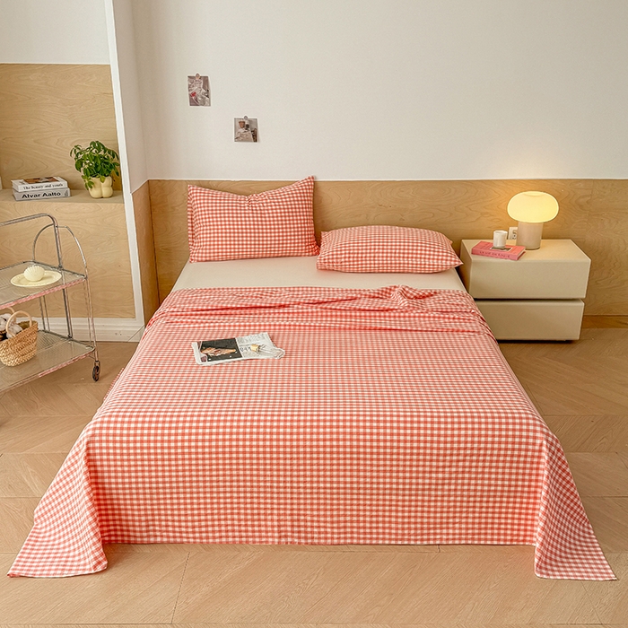 91家纺网 家纺一手货源 找家纺 晓时候 2025新款100%全棉色织水洗棉床单全棉床单纯棉床单 粉小格