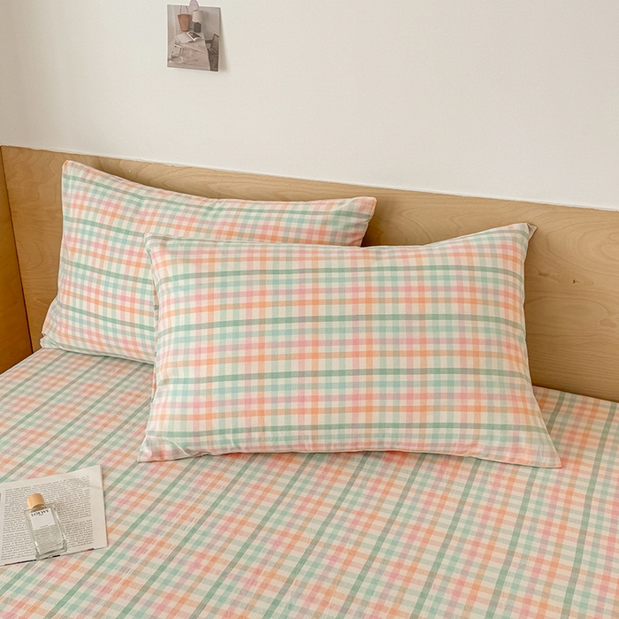 91家纺网 家纺一手货源 找家纺 晓时候 2025新款100%全棉色织水洗棉床笠全棉床笠纯棉床笠 冰淇淋格