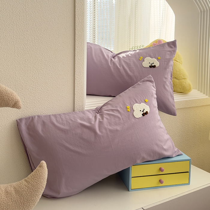 91家纺网 家纺一手货源 找家纺 曼谷家纺 2025新款软糯毛巾绣水洗棉床单床笠枕套纯色床单床笠枕套单品 小白云-紫色