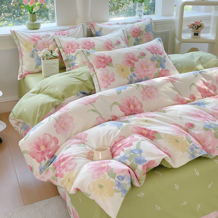 91家纺网 家纺一手货源 找家纺 铭博家纺 新款直播爆款网红全棉四件套13070印花吊边一字绣纯棉被套工艺款 花艺1