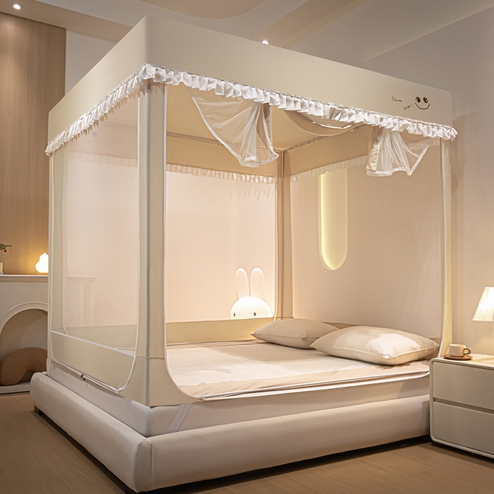 91家纺网 家纺一手货源 找家纺 锦逸家居 2025新款坐床式防摔遮光蚊帐 微笑人生-不遮光