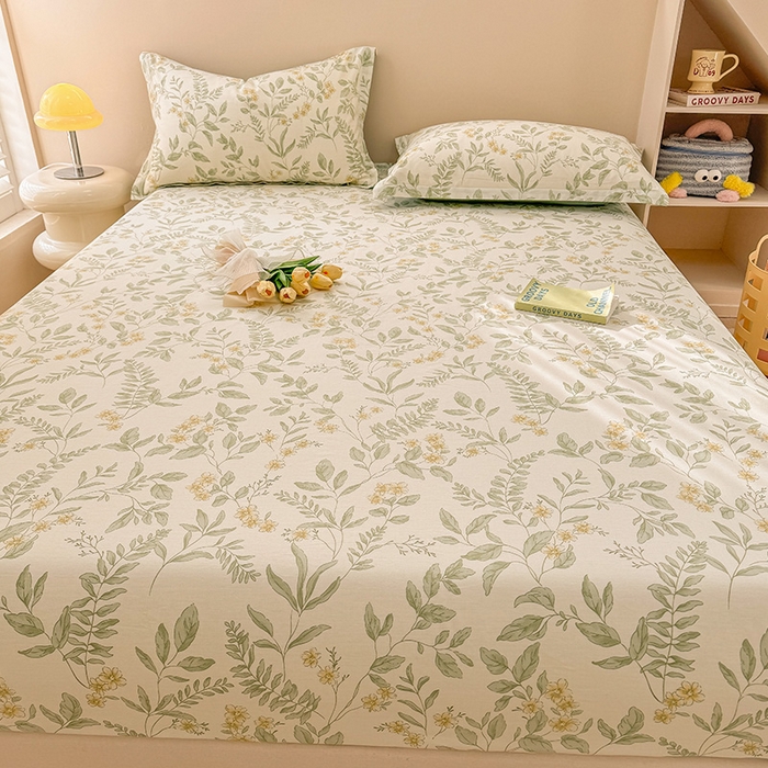 91家纺网 家纺一手货源 找家纺 2025新款12868全棉套件单品系列二单床笠 叶伴花开