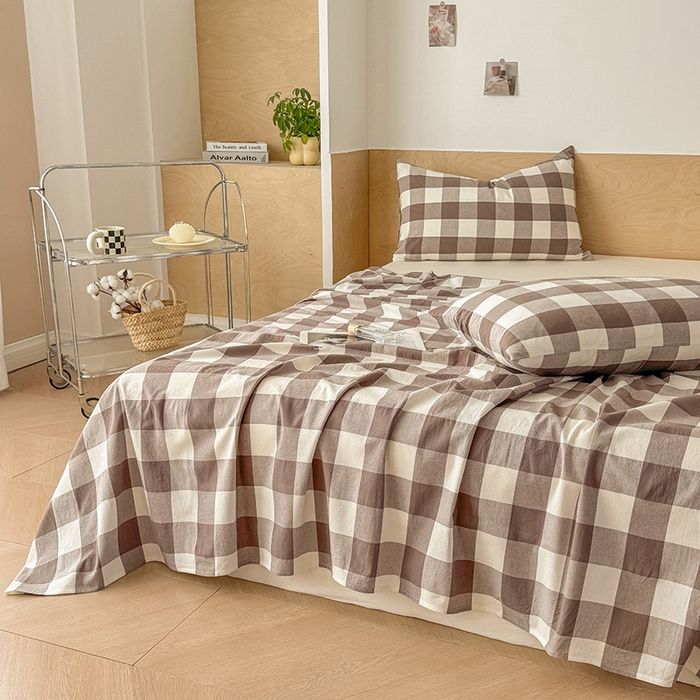 91家纺网 家纺一手货源 找家纺 晓时候 2025新款100%全棉色织水洗棉床单全棉床单纯棉床单 灰中格