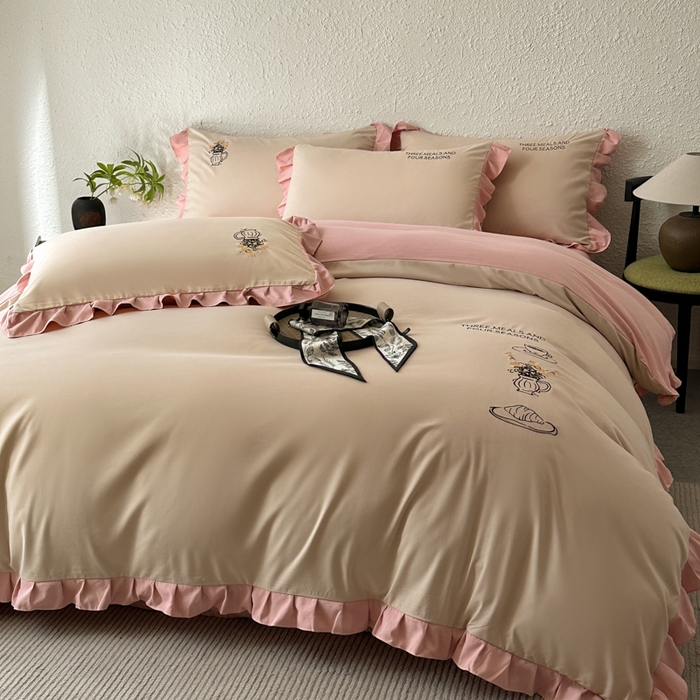 91家纺网 家纺一手货源 找家纺 汣沐生活 2025新款亲肤绣花花边四件套 香槟-优雅粉-田园生活
