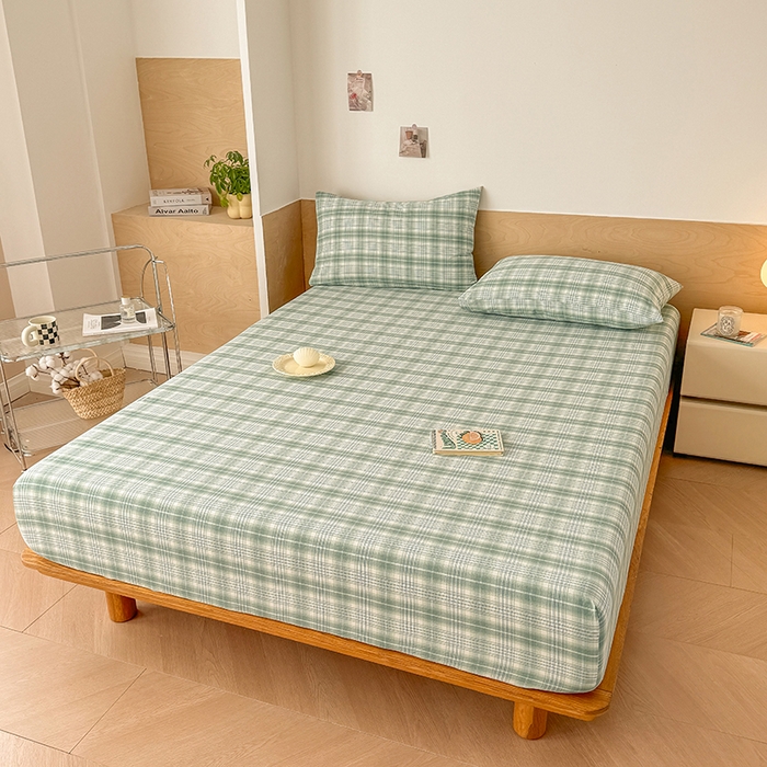 91家纺网 家纺一手货源 找家纺 晓时候 2025新款100%全棉色织水洗棉床笠全棉床笠纯棉床笠 光年绿