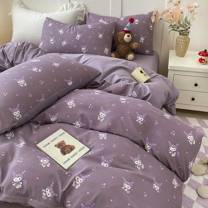 91家纺网 家纺一手货源 找家纺 汣沐生活 2025新款针织棉印花款四件套 库洛米-紫