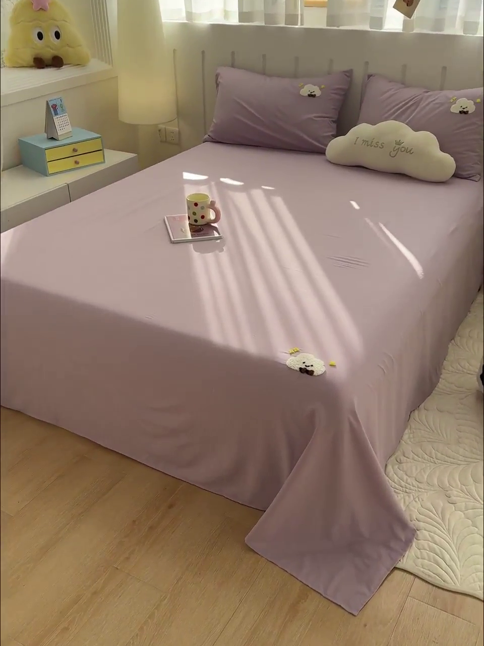 91家纺网 家纺一手货源 找家纺 曼谷家纺 2025新款软糯毛巾绣水洗棉床单床笠枕套纯色床单床笠枕套单品 小白云-紫色