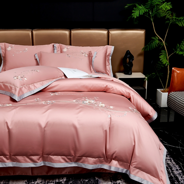 91家纺网 家纺一手货源 找家纺 U品汇 2025新品120支60s双股贡缎长绒棉重工刺绣花纯棉全棉四件套 蔷薇恋人-豆沙