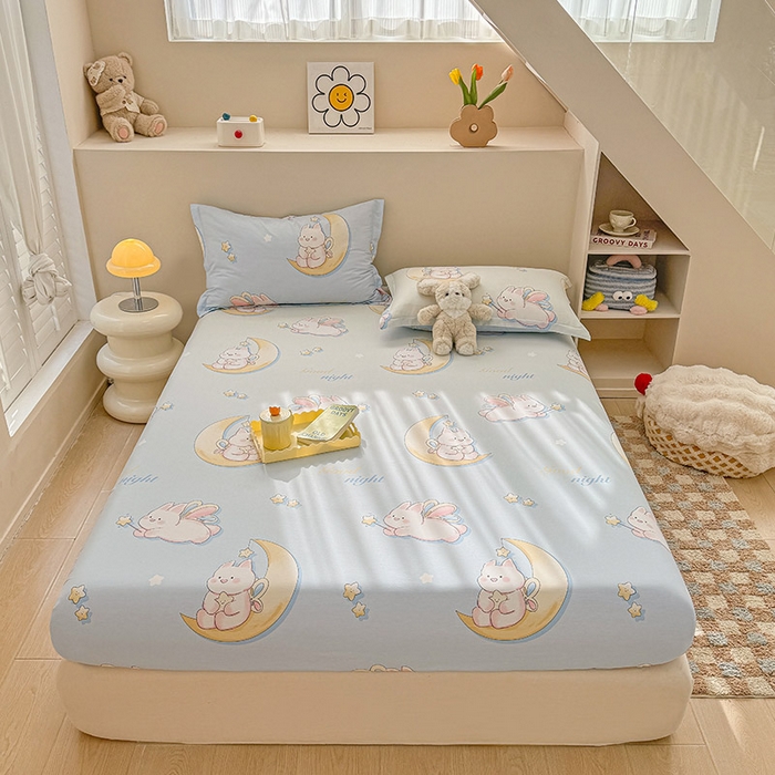 91家纺网 家纺一手货源 找家纺 2025新款12868全棉套件单品系列二单床笠 月亮兔