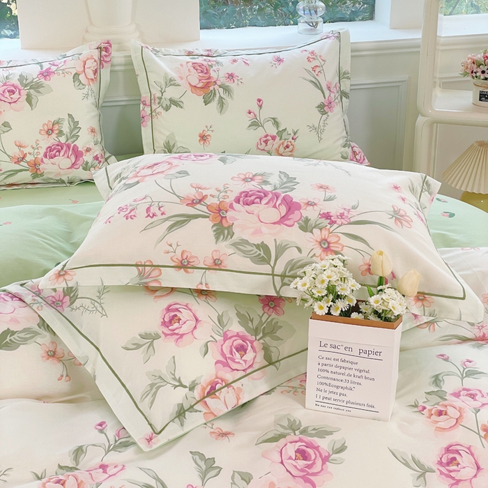 91家纺网 家纺一手货源 找家纺 铭博家纺 新款直播爆款网红全棉四件套13070印花吊边一字绣纯棉被套工艺款 绿苑春1