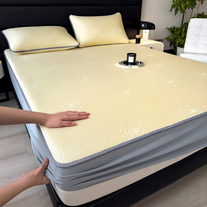 91家纺网 家纺一手货源 找家纺 欧邦 2025新款A类3D提花冰豆豆床笠款凉席 床笠款-柠檬黄