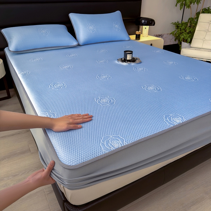 91家纺网 家纺一手货源 找家纺 欧邦 2025新款A类3D提花冰豆豆床笠款凉席 床笠款-清雅蓝