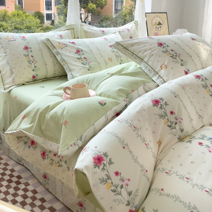 铭博家纺 新款直播爆款网红全棉四件套13070印花吊边一字绣纯棉被套工艺款 淡雅花资