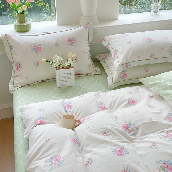 91家纺网 家纺一手货源 找家纺 铭博家纺 新款直播爆款网红全棉四件套13070印花吊边一字绣纯棉被套工艺款 桃桃苏打