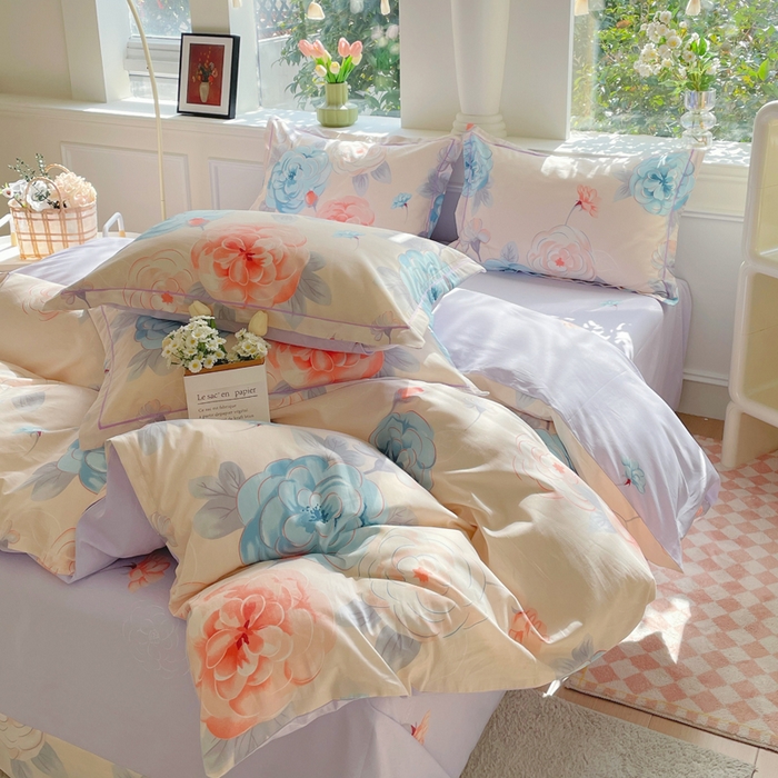 91家纺网 家纺一手货源 找家纺 铭博家纺 新款直播爆款网红全棉四件套13070印花吊边一字绣纯棉被套工艺款 沐颜