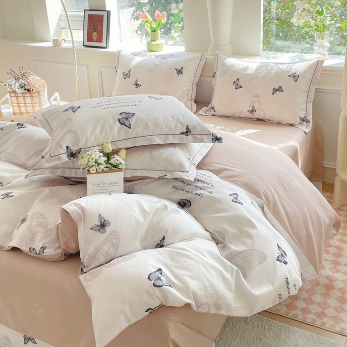 91家纺网 家纺一手货源 找家纺 铭博家纺 新款直播爆款网红全棉四件套13070印花吊边一字绣纯棉被套工艺款 蝶舞