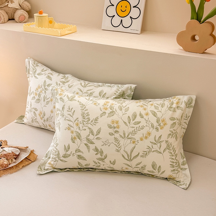 91家纺网 家纺一手货源 找家纺 绵庭家纺 2025新款12868全棉套件单品系列二单枕套 叶伴花开