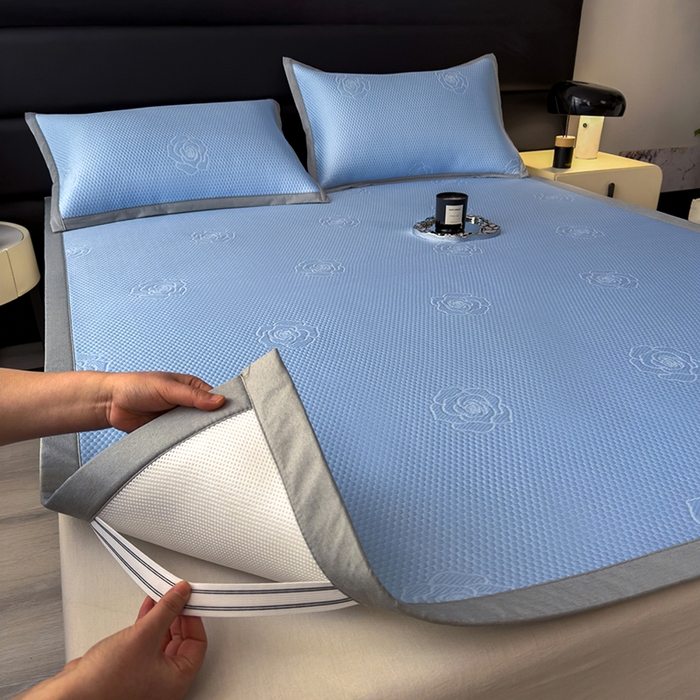 91家纺网 家纺一手货源 找家纺 欧邦 2025新款A类3D立体提花冰豆豆凉席 冰豆豆-清雅蓝