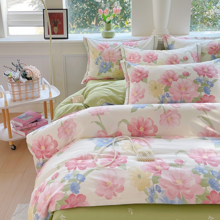 91家纺网 家纺一手货源 找家纺 铭博家纺 新款直播爆款网红全棉四件套13070印花吊边一字绣纯棉被套工艺款 花艺1