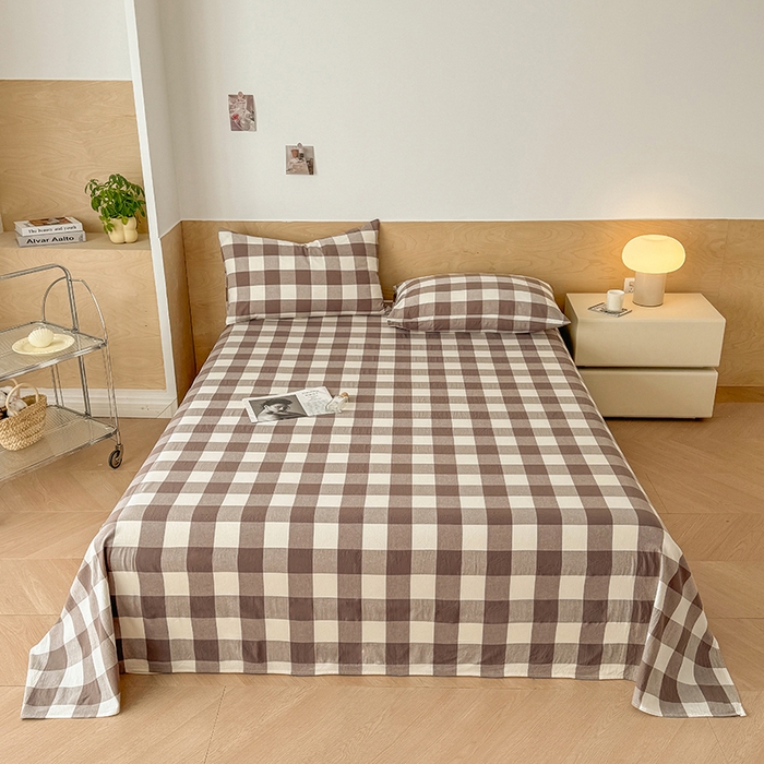 91家纺网 家纺一手货源 找家纺 晓时候 2025新款100%全棉色织水洗棉床单全棉床单纯棉床单 灰中格