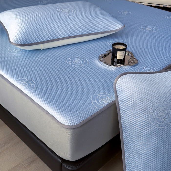 91家纺网 家纺一手货源 找家纺 欧邦 2025新款A类3D提花冰豆豆床笠款凉席 床笠款-清雅蓝