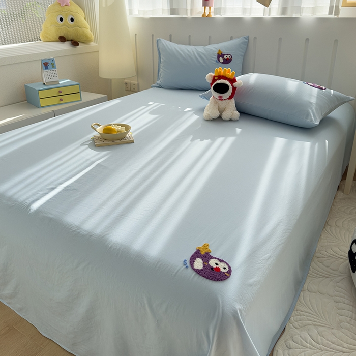 91家纺网 家纺一手货源 找家纺 曼谷家纺 2025新款软糯毛巾绣水洗棉床单床笠枕套纯色床单床笠枕套单品 茄子-天蓝