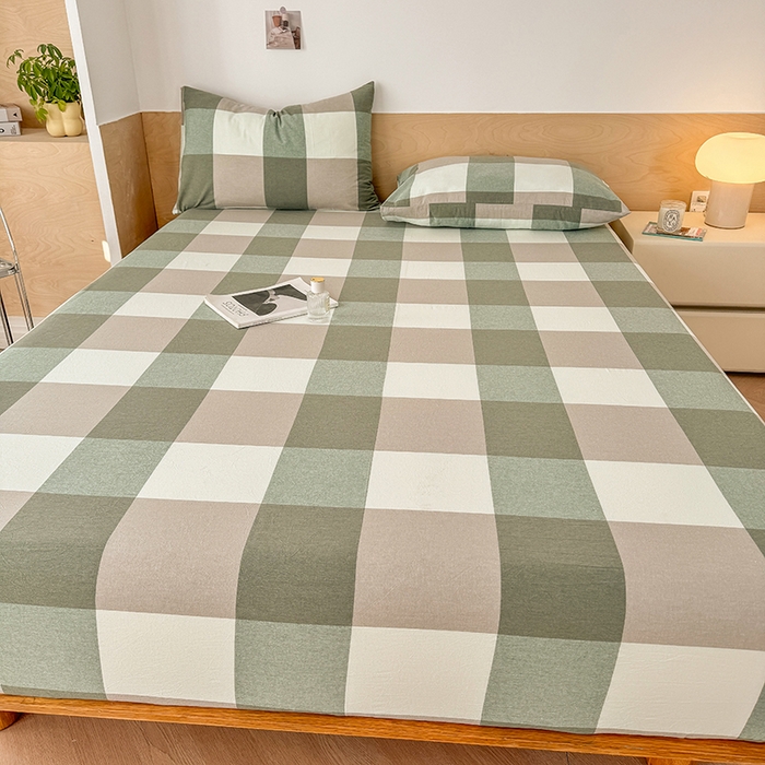 91家纺网 家纺一手货源 找家纺 晓时候 2025新款100%全棉色织水洗棉床笠全棉床笠纯棉床笠 绿中格