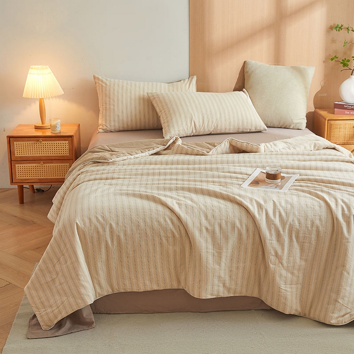 91家纺网 家纺一手货源 找家纺 金喜2025 新款全棉夏被四件套色织水洗棉夏被夏凉被春秋被冬被四件套-羽丝棉被四件套系列 乐事米