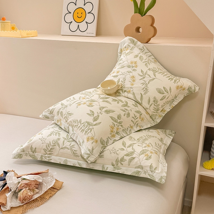 91家纺网 家纺一手货源 找家纺 绵庭家纺 2025新款12868全棉套件单品系列二单枕套 叶伴花开