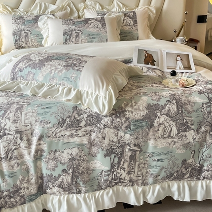 千希家纺 2025新款120克斜纹水洗棉数码印花拼接荷叶边工艺款四件套 温莎古堡