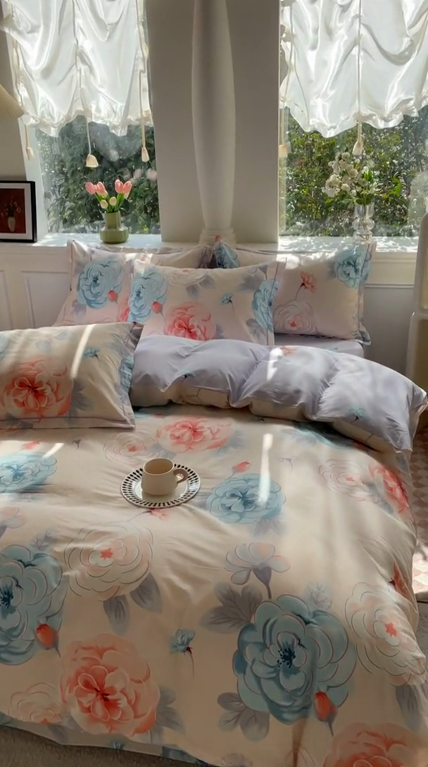 91家纺网 家纺一手货源 找家纺 铭博家纺 新款直播爆款网红全棉四件套13070印花吊边一字绣纯棉被套工艺款 宁洛薇1