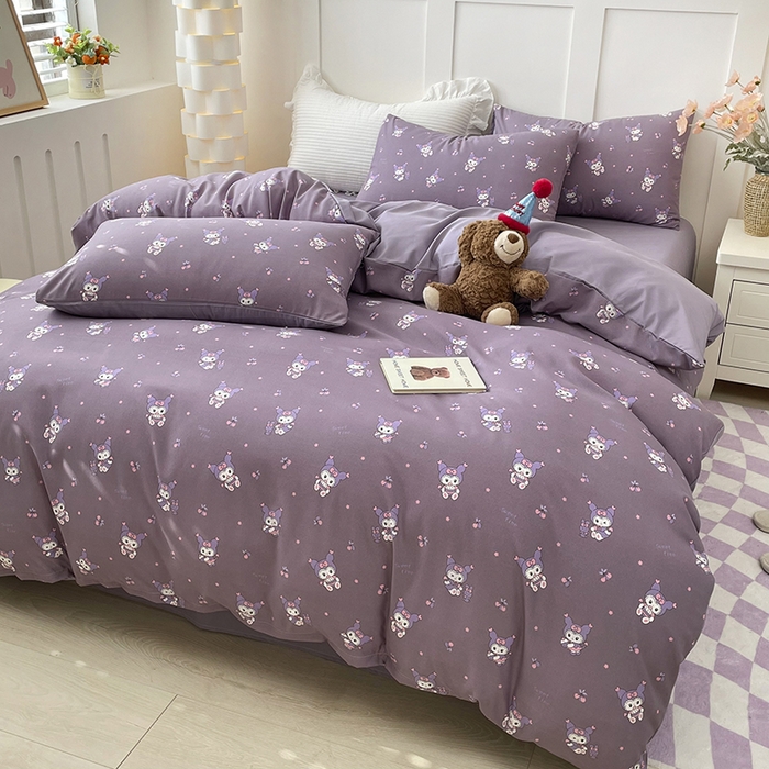 91家纺网 家纺一手货源 找家纺 汣沐生活 2025新款针织棉印花款四件套 库洛米-紫