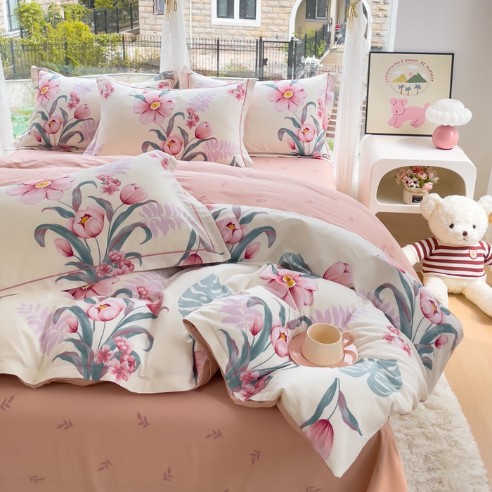 91家纺网 家纺一手货源 找家纺 铭博家纺 新款直播爆款网红全棉四件套13070印花吊边一字绣纯棉被套工艺款 长歌行